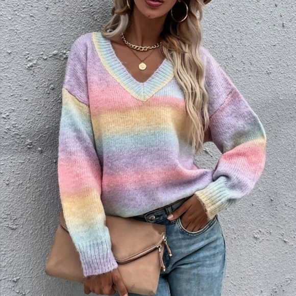 Ombre V-neck Drop Shoulder Sweater - Picture 2 of 4